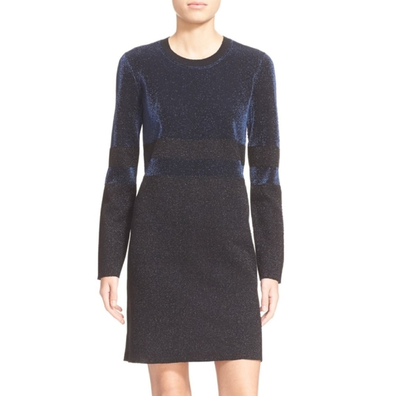 Tory Burch Dresses & Skirts - Tory Burch metallic blue / black shimmer striped wool Sheath dress size small